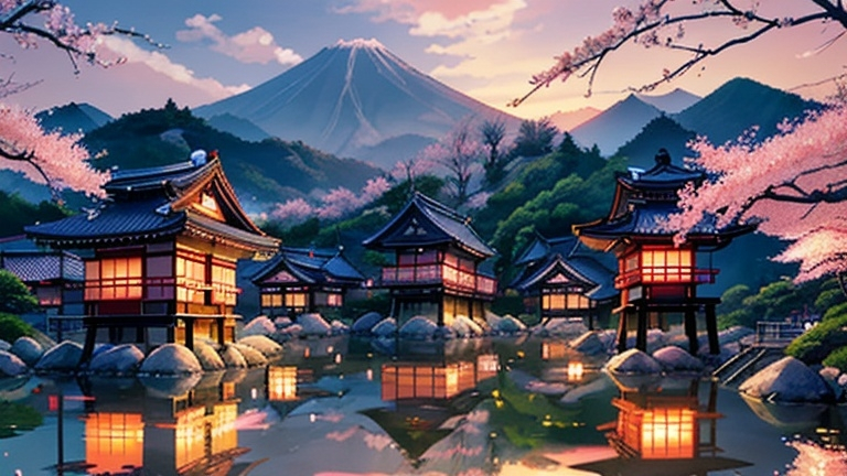 Prompt: Realistic, traditional japanese village at sunset, cherry blossom, detailed architecture, serene atmosphere, high quality, traditional, village, sunset scene, cherry blossom, detailed buildings, serene, realistic, atmospheric lighting, peaceful, traditional Chinese, warm tones