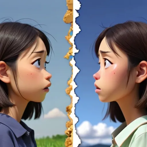Prompt: A split frame graphic illustrating life getting better versus life getting worse. Thinking. Japanese animation.