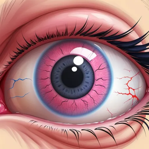 Prompt: Conjunctivitis-eye with yellow crust and ooze. Pink sclera. Black pupil. Blue iris. Medical illustration.