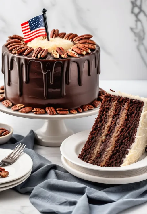 Prompt: Flag of Texas and background, German's chocolate cake, three layers of chocolate cake filled and topped with a coconut-pecan frosting. A beautifully three layered chocolate cake takes center stage on a marble cake stand, flag of Texas, top, red chocolate cake, showcasing its rich, dark exterior adorned with a glossy ganache and a sprinkle of chopped pecans along the base. The top of the cake is decorated with a luscious coconut and pecan frosting, enhancing its visual appeal with its creamy texture and toasted coconut flakes. Beside the cake, a perfectly sliced piece reveals three moist layers, each filled with a decadent blend of chocolate and coconut, stacked high to invite a satisfying bite. The scene is complemented by a cozy, inviting atmosphere perfect for a celebration or gathering. Bright, diffused lighting adds warmth to the image, enhancing the indulgent nature of the dessert.