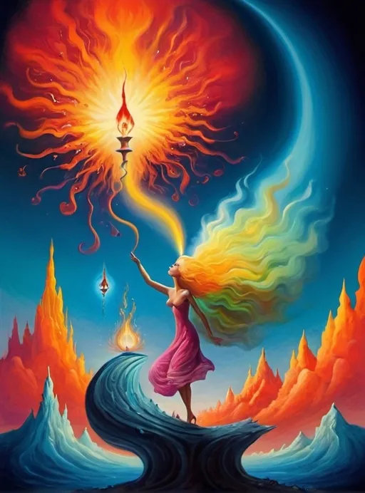 Prompt: Art style of Salvadore Dahli.
 Surrealist art movement. Fantasy. 
A dreamscape of imagination that Evokes a feeling of Trust and self worth. An overall sense of happiness about life. 
A self emmits tiny, inner sparks of possibility into flames of achievement showing a sense of movement and enlightenment. surreal. Fantasy. Bright colors. 