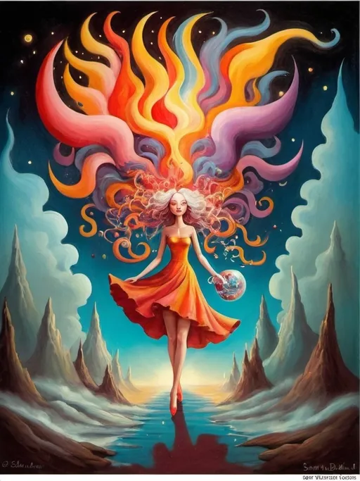 Prompt: Art style of Salvadore Dahli.
 Surrealist art movement. 
A dreamscape of imagination that Evokes a feeling of Trust and self worth. An overall sense of happiness about life. 

A self fanning tiny, inner sparks of possibility into flames of achievement showing a sense of movement and enlightenment. surreal. Fantasy. Bright colors. 