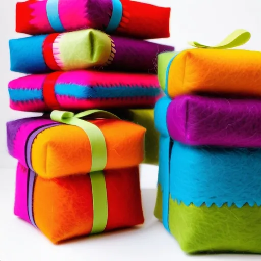 Prompt: Wool felt birthday presents wrapped in fuzzy fabric, felt. Birthday party. Bright colors.