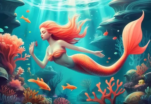 Prompt: An underwater fantasy lands. digital artwork. The image evokes a feeling of lightness and oddness. beautiful imaginative creatures swim through water. Rare fish, mermaid, coral.