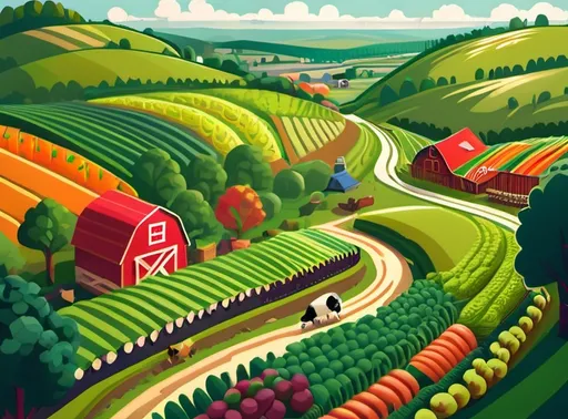 Prompt: Image depicts a rolling lush landscape filled with vegetables and crops. A variety of farm animals run through the hill.Old Macdonalds Farm had started to use artificial intelligence.