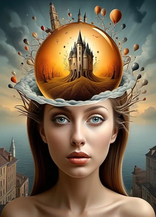 Prompt: Art style of Art style of Igor Morski’s. Surrealist neo-surrealism, modern surrealism, art movement. 
Fantasy.
A dreamscape of imagination that Evokes a feeling of Trust and self worth. An overall sense of happiness about life. 
A self emmits tiny, inner sparks of possibility into flames of achievement showing a sense of movement and enlightenment. surreal. Fantasy. Bright colors (oranges, yellows, reds, teals, blues, white, pink, bright green.)