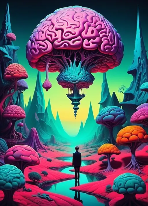 Prompt: Art style of Salvadore Dahli.
 Surrealist art movement. Fantastical landscape. 
Brains. Minds wandering Because it's too little to be out alone. surreal. Dreamscape. Neon colors. Natural lighting.