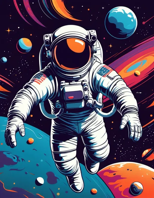 Prompt: Pop art, an astronaut floating freely in space, a planetary background
