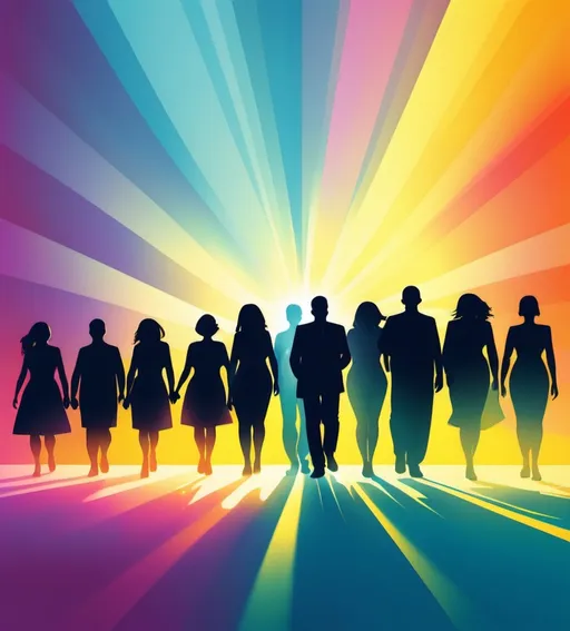 Prompt: large number people, silhouettes. Bright tones and a rays of light. Illustration.