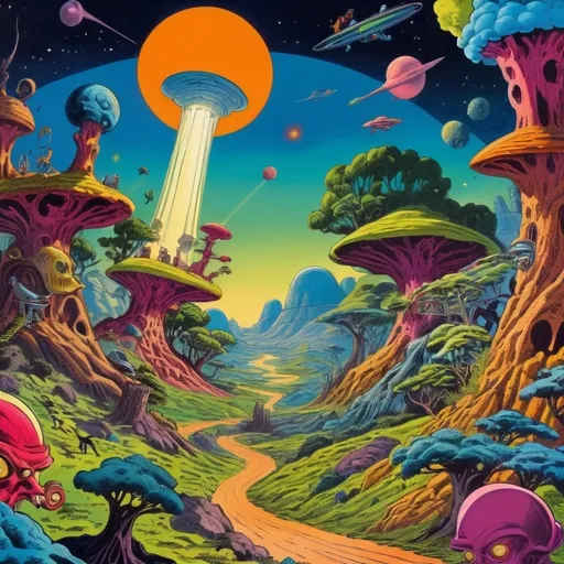 Prompt: Surrealist art movement. 
Fantastical landscape. 
Brains. Minds wandering. happy. surreal. Dreamscape. Bright and vibrant colors in the style of Jack Kirby and Wally Wood, 1940s vintage comic