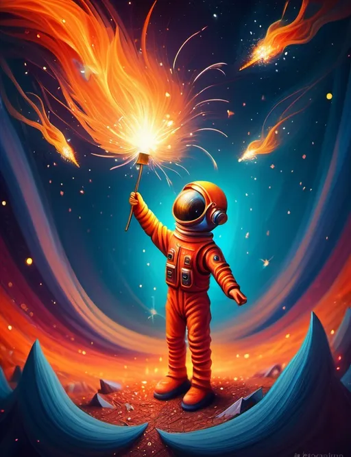 Prompt: Surreal imagination spacescape. Evokes a feeling of Trust and self worth. An overall sense of happiness about life. Anthropomorphic self fanning tiny, inner sparks of possibility into flames of achievement. Macro view, intense hues.