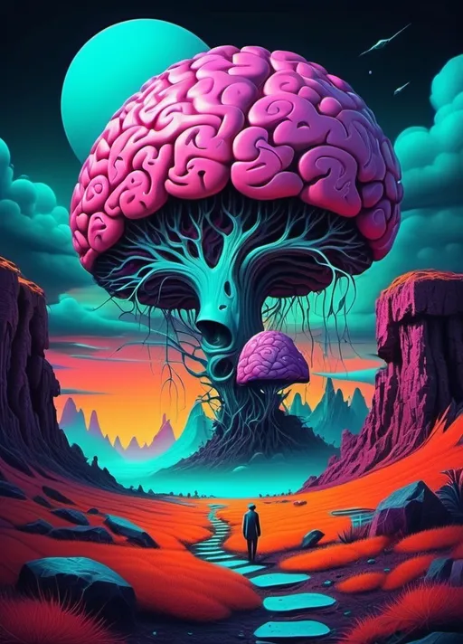 Prompt: Art style of Salvadore Dahli.
 Surrealist art movement. Fantastical landscape. 
Brains. Minds wandering Because it's too little to be out alone. surreal. Dreamscape. Neon colors. Natural lighting.