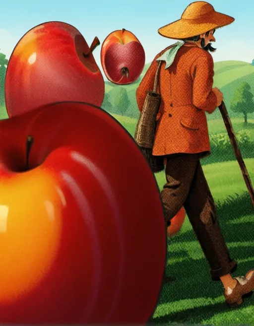 Prompt: 1930s rubberhose style illustration OfA vibrant and whimsical scene unfolds with a large, glossy red apple dominating the foreground, its smooth surface reflecting warm hues of orange and red. Behind this oversized fruit, a figure strolls along a lush green landscape, a rustic cane in hand and a wide-brimmed straw hat shielding them from the sun. The character, clad in earthy tones, walks with a leisurely gait, suggesting a serene connection to the pastoral surroundings filled with trees. The background features a bright blue sky that contrasts beautifully with the vibrant green fields, evoking a sense of tranquility and abundance. Overall, the image captures a blend of the delightful bounty of nature and the simple pleasures of rural life, conveying a mood of harmony and nostalgia.