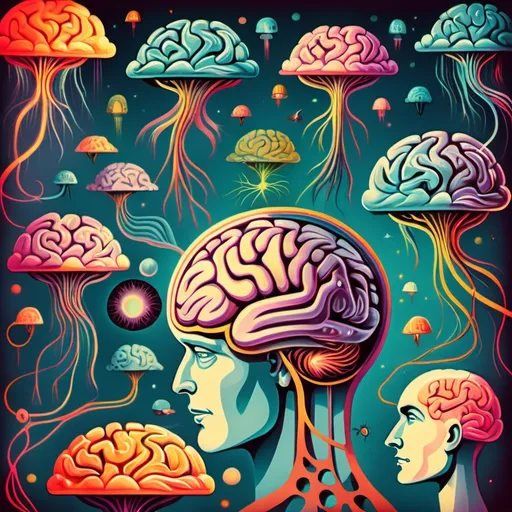 Prompt: vintage brain illustrations. A scene with many minds roaming along neuro pathways in a fantastical dreamscape.  imagination. Bright color scheme Surrealist art movement. 