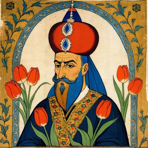 Prompt: Early medieval painting of Ottoman sultan with colorful tulips in and on turbans represent luxury and power.