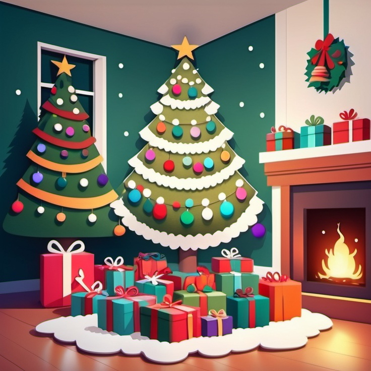 Prompt: Christmas tree lit with white lights and decorated with multicolor ball ornaments stand in the center of the frame surrounded by cute wool felt Christmas presents. Presents wrapped in fuzzy fabric, felt. Christmas. Christmas colors. Anime illustration.