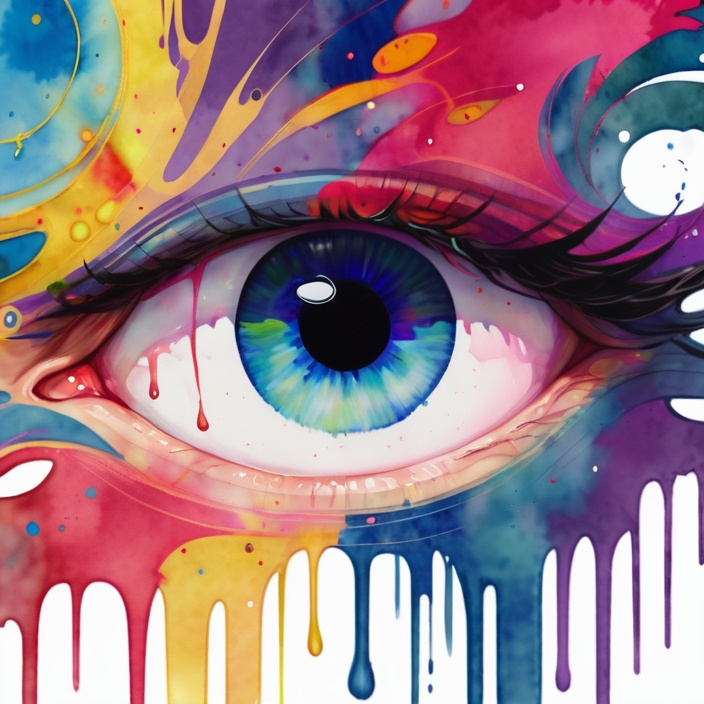 Prompt: digital watercolor painting, two eyes look into frame, Ewing, a changing world, paint splatter, bright colors bold brush strokes, art nouveau
