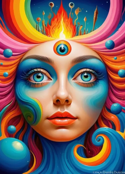 Prompt: Art style of Salvadore Dahli.
 Surrealist art movement. Fantasy. 
A dreamscape of imagination that Evokes a feeling of Trust and self worth. An overall sense of happiness about life. 
A self emmits tiny, inner sparks of possibility into flames of achievement showing a sense of movement and enlightenment. surreal. Fantasy. Bright colors (oranges, yellows, reds, teals, blues, white, pink, bright green.)