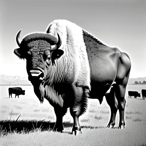 Prompt: A cow-bison hybrid, beefalo set on a California ranch, 1970’s illustration 