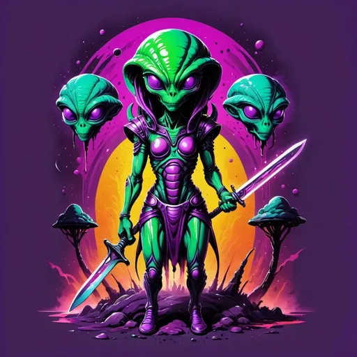 Prompt: Alien abduction. Space vibes
Graffiti illustration. Vibrant colors. Splatter. A bright green alien hold in hand a vibrant, stylized sword features a long, glowing blade that emits a soft purple hue, illuminated by a series of bright LED-like lights along its length. The hilt is designed with playful, rounded shapes, resembling abstract forms, and the overall color scheme remains consistent with shades of purple and violet, enhancing its fantasy aesthetic. The handle includes additional elements that suggest a whimsical, almost cartoonish style, making it seem both approachable and fantastical. This sword appears ready for a playful adventure, capturing an imaginative essence that invites curiosity and exploration.
