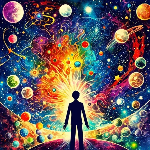 Prompt: anime, illustration, mysterious, Mystery creates wonder and wonder is the basis of man's brain and desire,universe,understanding,bright colors,vintage,colorful