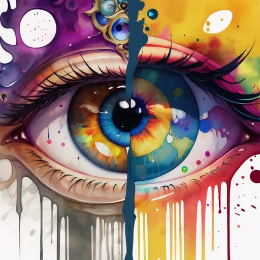 Prompt: digital watercolor painting, two eyes look into frame, you can see the world depicted in their eyeballs, a changing world, time, paint splatter, bright colors bold brush strokes, art nouveau