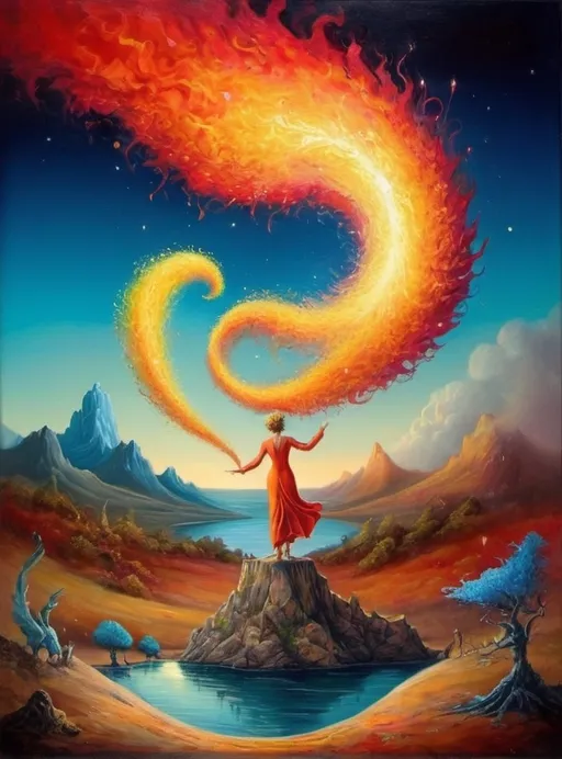 Prompt: Art style of Salvadore Dahli.
 Surrealist art movement. Fantasy. 
A dreamscape of imagination that Evokes a feeling of Trust and self worth. An overall sense of happiness about life. 
A self emmits tiny, inner sparks of possibility into flames of achievement showing a sense of movement and enlightenment. surreal. Fantasy. Bright colors. 