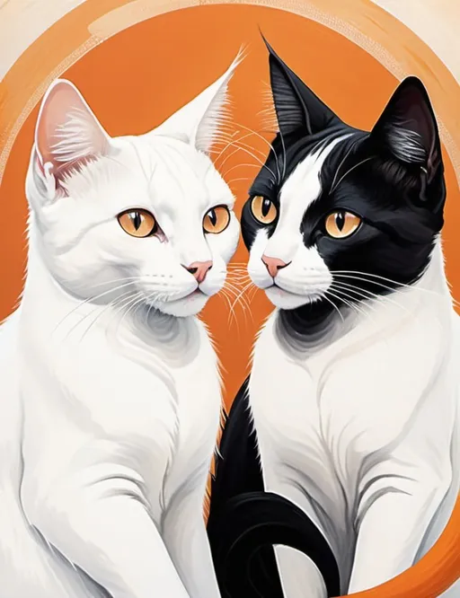 Prompt: Two charming cats sit close together, their expressions full of curiosity and affection, as they engage in a gentle gaze that suggests a deep connection. One cat has a striking white coat with long tail while the other is predominantly black with white accents and short stubby tail, creating a visually appealing contrast. The background features a warm, peachy-orange circle, accented by soft clouds and delicate floral elements, evoking a serene atmosphere. The illustration employs a bold, cartoonish style with clean lines and a limited color palette, enhancing the enchanting quality of the scene. Overall, this composition conveys a sense of companionship and tranquility, inviting viewers to admire the bond between the two felines.