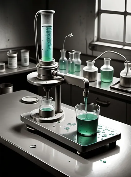 Prompt: Vintage medical illustration. Lab setting. On steel sits a cup with mold and liquid spewing from the top onto the table