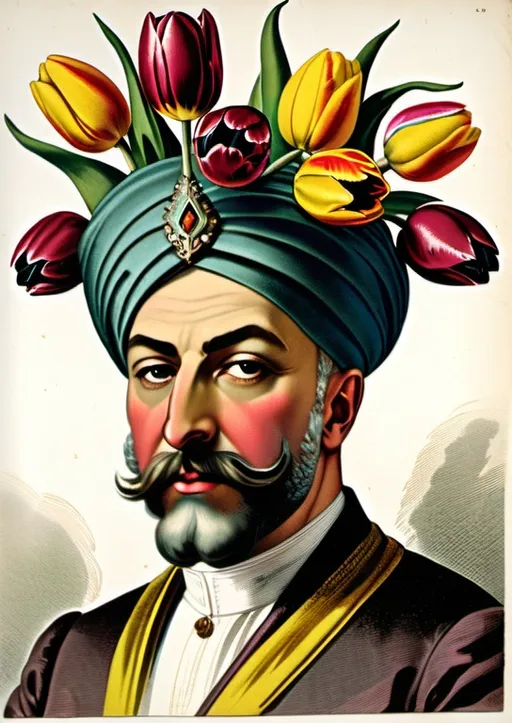 Prompt: vintage English engraving circa 20th century, Ottoman sultan, colorful tulips, tulips decorate  turban, luxury, power.