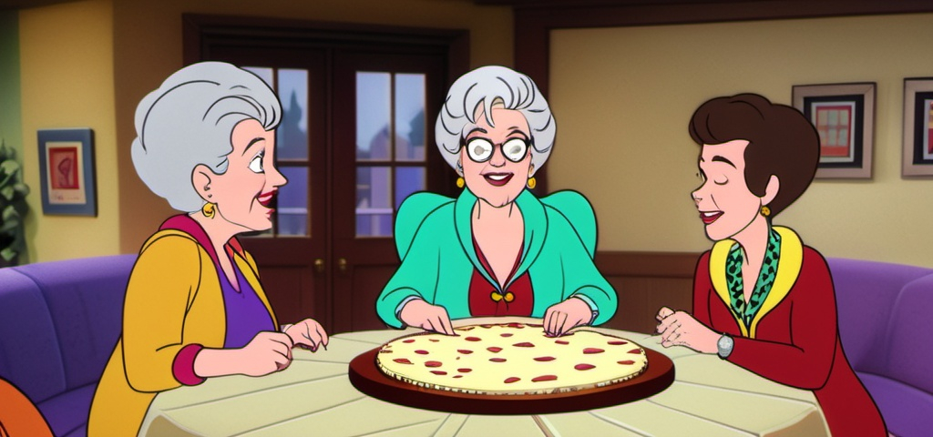Prompt: In a cozy indoor setting, three animated older women gather around a circular table adorned with delicious slices of different cheesecakes. Each character is distinct, with varying hairstyles and vibrant attire; one woman resembling Rue McCalahan sports a colorful patterned jacket with brunette hair, another has silver hair and resembles Bea Arthur wearing cozy robe, while the third resembles Betty White and features soft, bleach blonde curls and a pastel pink outfit. Their expressions convey a lively conversation, with animated gestures emphasizing their engagement. The warm color palette and inviting atmosphere reflect a friendly gathering, evoking a sense of camaraderie and shared laughter as they indulge in dessert. The scene captures a moment of friendship and enjoyment, drawing viewers into their delightful exchange.