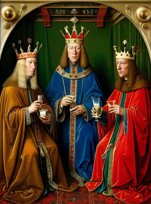 Prompt: Portrait Painting by Van Eyck, three kings, depicts, each King, smoking, drinking, humping