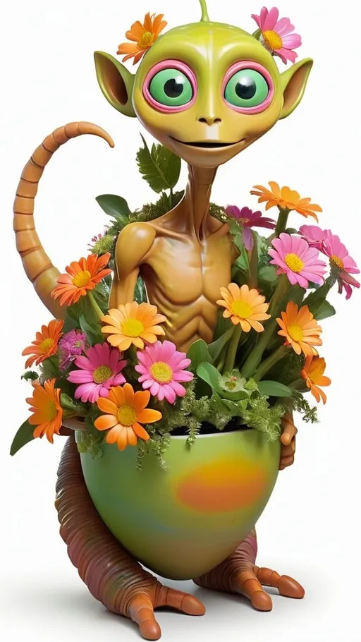 Prompt: Radiating warmth and charm, a whimsical extraterrestrial character stands proudly, cradling a vibrant pot of flowers. With large, expressive eyes and a gentle smile, this alien figure boasts a textured, yellow-brown skin and a slender, elongated neck. The pot, a cheerful green, is adorned with a colorful assortment of blooms, including pink, yellow, and orange flowers that seem to burst with life. The creature's sturdy stance and nurturing gesture suggest a peaceful, friendly demeanor, inviting viewers into a delightful, imaginative world where friendship transcends boundaries. The overall composition, with its bright colors and playful subject, evokes a sense of joy and wonder.