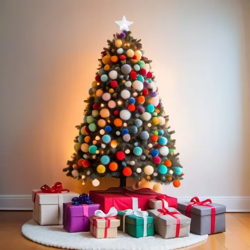 Prompt: Christmas tree lit with white lights and decorated with multicolor ball ornaments stand in the center of the frame surrounded by cute wool felt Christmas presents. Presents wrapped in fuzzy fabric, felt. Christmas. Christmas colors. 