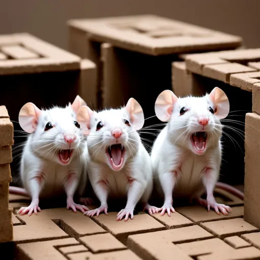 Prompt: Three cute rats Laughing hysterically as they tickled each other in a maze.