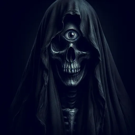 Prompt: Dilated pupil. Death. Grim reaper. Dark colors. Gothic Surrealism 