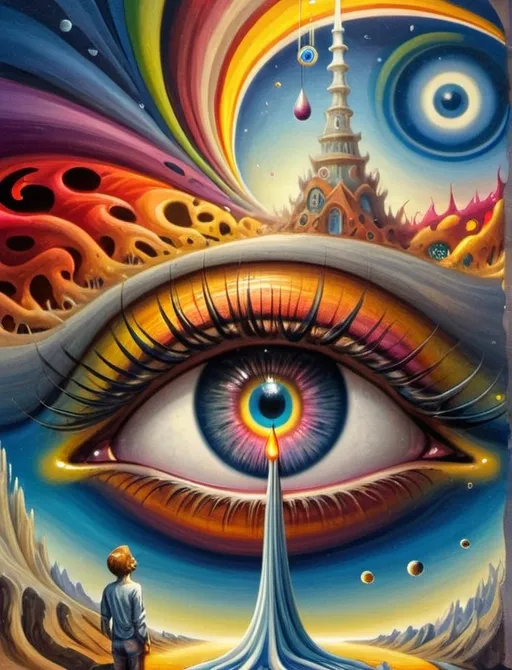 Prompt: Art style of Salvadore Dahli.
 Surrealist art movement. 
A dreamscape of imagination that Evokes a feeling of Trust and self worth. An overall sense of happiness about life. 

A self fanning tiny, inner sparks of possibility into flames of achievement showing a sense of movement and enlightenment. surreal. Fantasy. Bright colors. 