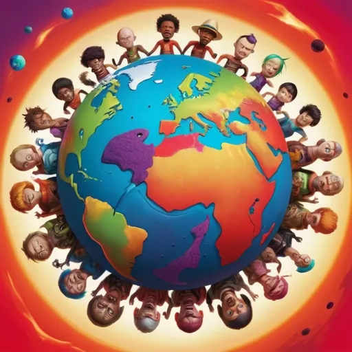 Prompt: A brightly colored sunshiny planet earth surrounded by mean horrible people 