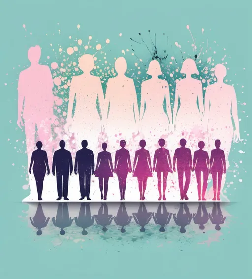Prompt: large number people, silhouettes. Pastel colors. Splatter. Illustration.