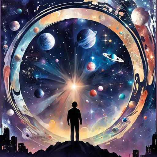 Prompt: Anime illustration of space, universe, mysterious, Mystery creates wonder, wonder is the basis of man's brain, desire, understanding, illustration 
