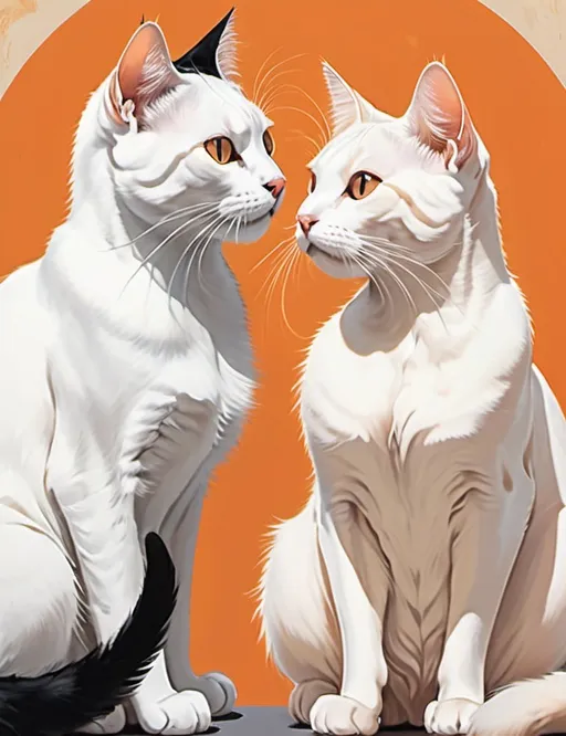 Prompt: Two charming cats sit close together, their expressions full of curiosity and affection, as they engage in a gentle gaze that suggests a deep connection. One cat has a striking white coat with long tail while the other is predominantly black with white accents and short stubby tail, creating a visually appealing contrast. The background features a warm, peachy-orange circle, accented by soft clouds and delicate floral elements, evoking a serene atmosphere. The illustration employs a bold, cartoonish style with clean lines and a limited color palette, enhancing the enchanting quality of the scene. Overall, this composition conveys a sense of companionship and tranquility, inviting viewers to admire the bond between the two felines.