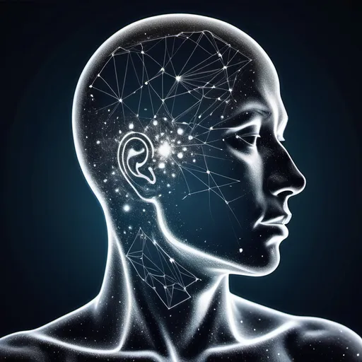 Prompt: An outline of a human from head to torso. The outline is filled with a depiction of the universe. The image evokes a feeling of movement and change. Macro.