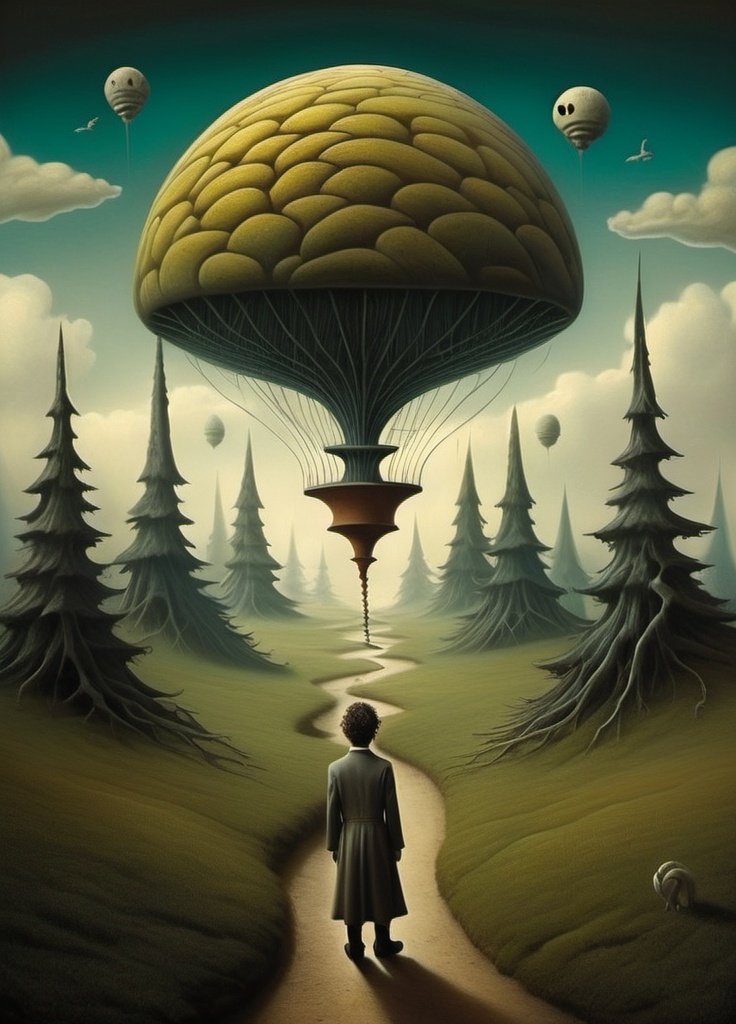 Prompt: Art style of Salvadore Dahli.
 Surrealist art movement. Fantasy. 
A mythical landscape. 
An overall sense of happiness about life. A tiny  man's mind wanders Because it's way too little to be out alone. surreal. Mythological.