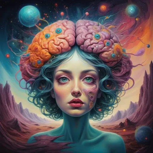 Prompt: surreal spacescape. Light travels faster than sound depicted Eyes and ears. Decaying brain. Bright colors. Surrealist art style Dahli inspired