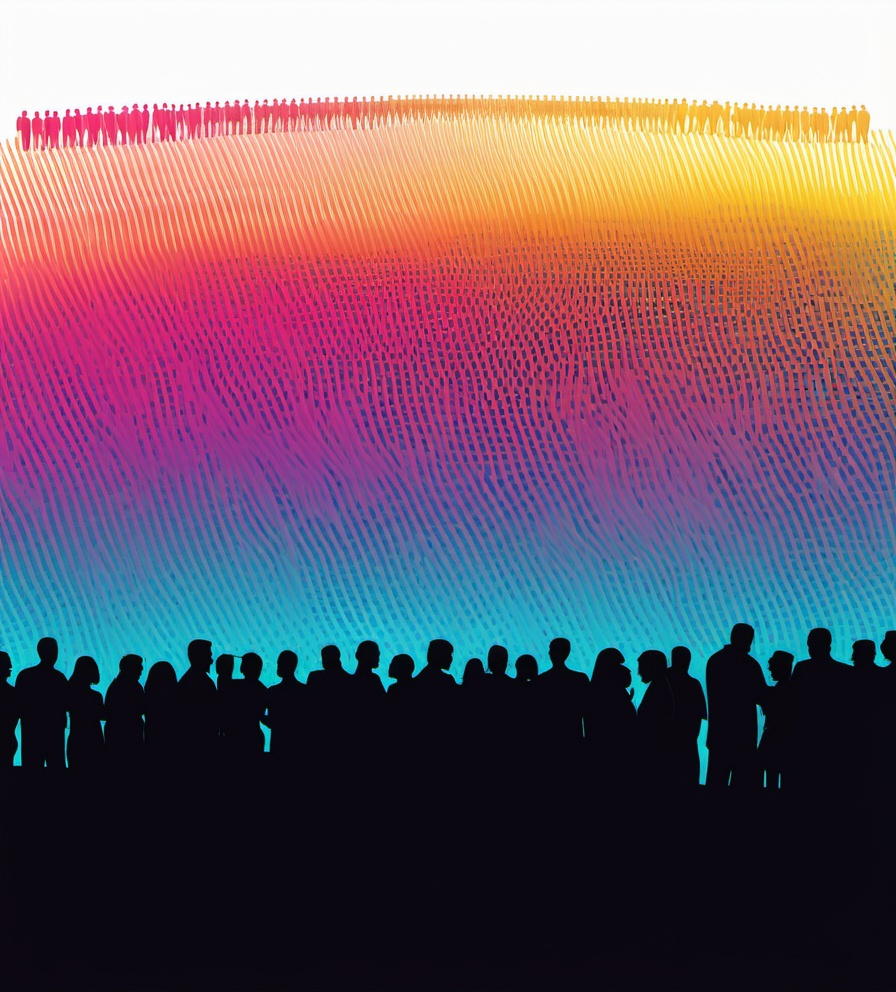 Prompt: 21,000, large number people, silhouettes. Bright gradient. Illustration.