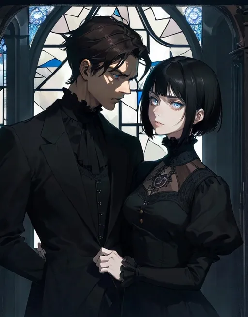 Prompt: A man with short black hair, brown eyes with tan skin and a stubbled chin, clad in a black shirt with a button-down collar, gazes directly into the blue eyes of a woman with asymmetrical brown hair style and pale skin wearing punk style dress. They gaze upon each other with a contemplative, serious and yearning expression. Their attire suggests a formal cathedral. The background reveals cathedral stone walls with harsh Moonlight keeping through broken stained glass windows, characterized by an ornate, patterned room. The composition captures the man and woman’s upper body and face, with a slight tilt of the angle adding depth to the image, creating a mood that feels introspective and slightly intense. The overall color scheme is subdued, dominated by dark tones contrasted by light from moon, enhancing the emotional gravity of the moment. Rococo gothic style. Dark colors.