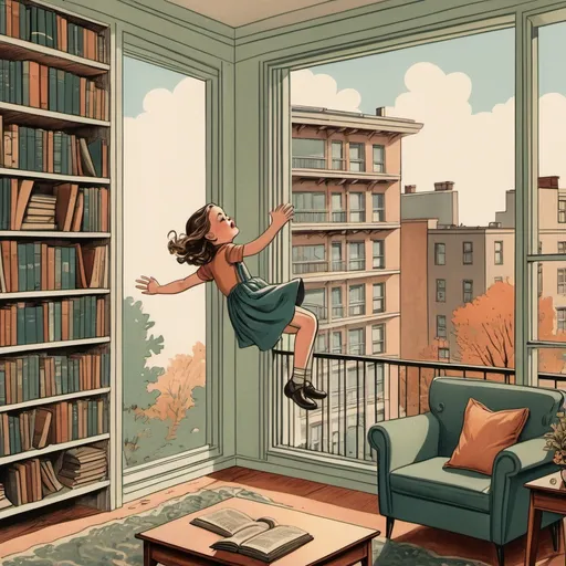 Prompt: Exterior apartment building, girl falling out of an open window, interior living room, bookshelves, natural hues,vintage illustration.
