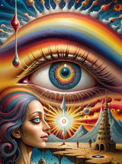 Prompt: Art style of Salvadore Dahli.
 Surrealist art movement. 
A dreamscape of imagination that Evokes a feeling of Trust and self worth. An overall sense of happiness about life. 

A self fanning tiny, inner sparks of possibility into flames of achievement showing a sense of movement and enlightenment. surreal. Fantasy. Bright colors. 