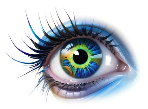 Prompt: Two strikingly stylized eye serves as the central focus, featuring an iris that vividly incorporates an image of the Earth, blending blue and green hues for water and land. The detailed black pupil draws attention, surrounded by a radiant burst of colors resembling a sun's rays, enhancing the eye's impact. Long, delicate eyelashes frame the eye, contrasting with the smooth, white background that accentuates its vivid colors and intricate details. This graphic imagery exudes a sense of depth and metaphor, potentially symbolizing vision, awareness, or a global perspective, inviting viewers to reflect on their connection to the world.