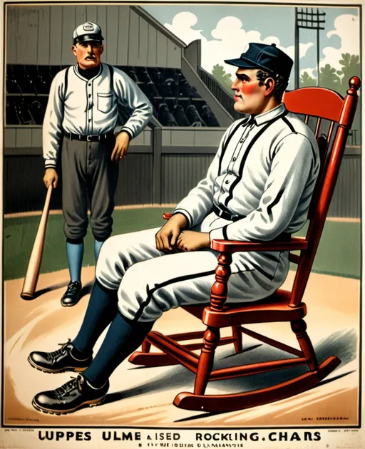 Prompt: Baseball umpires used to sit in rocking chairs Mid-19th century. In the early days, umpire reclines in a rocking chair located 20 feet behind home plate. Vintage sports poster.